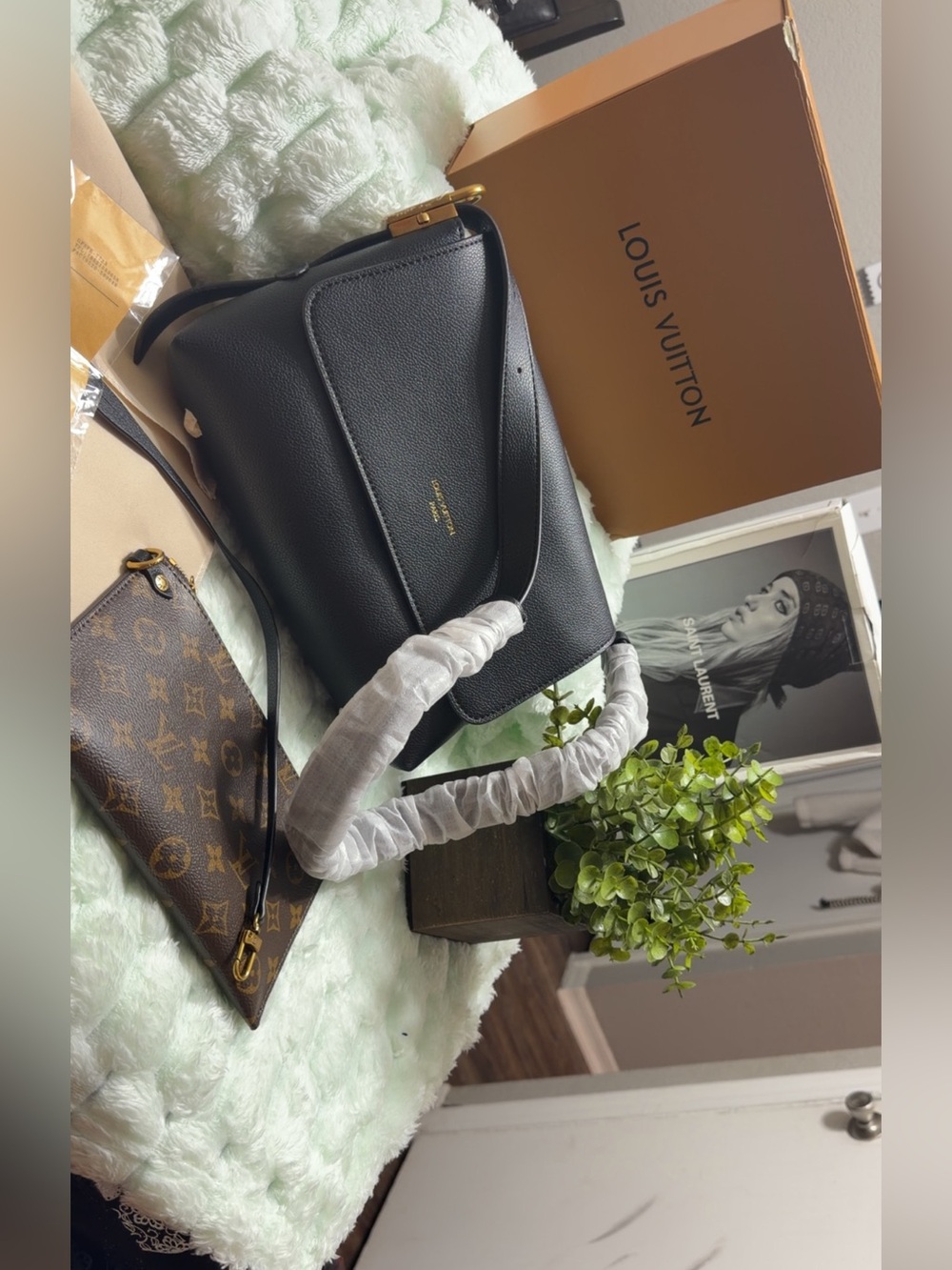 Louis Vuitton Black Leather Shoulder Satchel with Gold Hardware